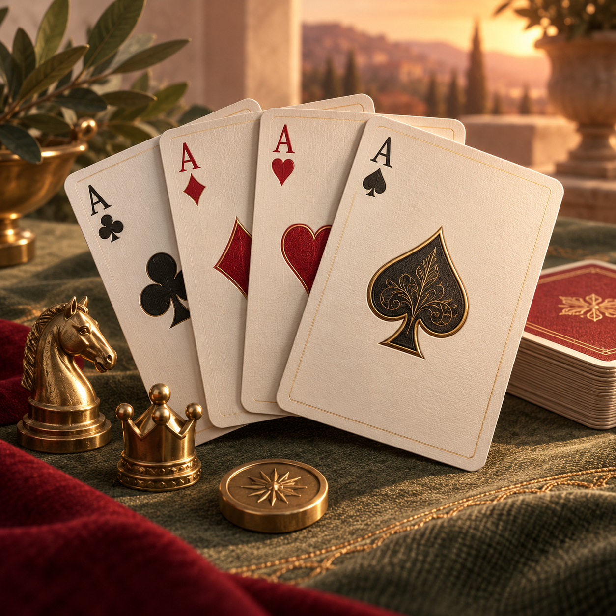 Elegant cards and game pieces in warm light